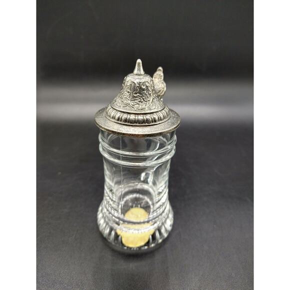 Miniature Beer Stein BMF Schnapskrügerl 4” Clear Glass & Pewter Lid West Germany - Picture 5 of 10